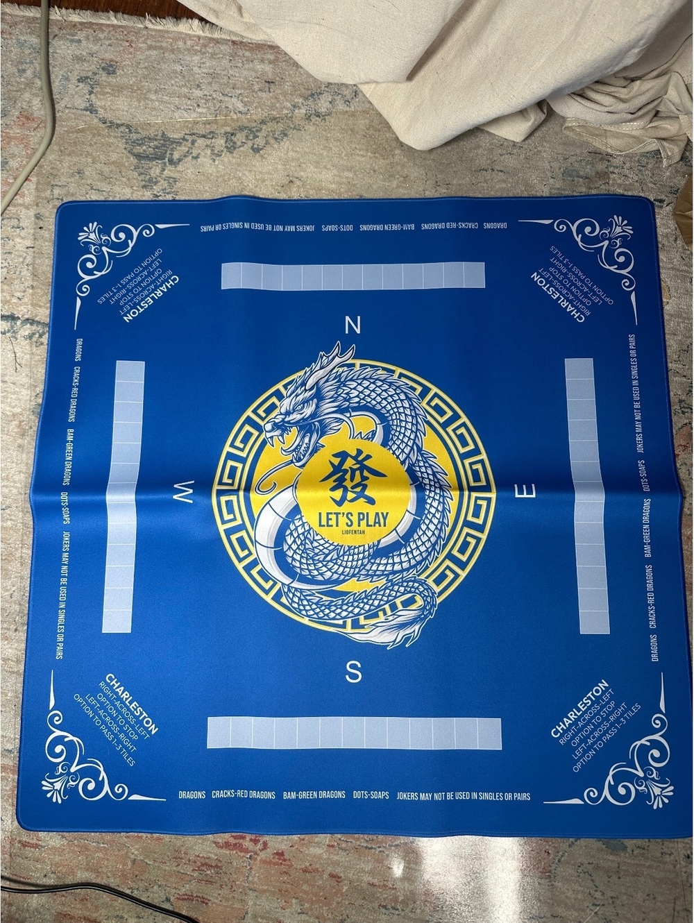 LIOFENTAH American Mahjong Mat 31x31 Blue Dragon Charleston Guide Non-Slip Table